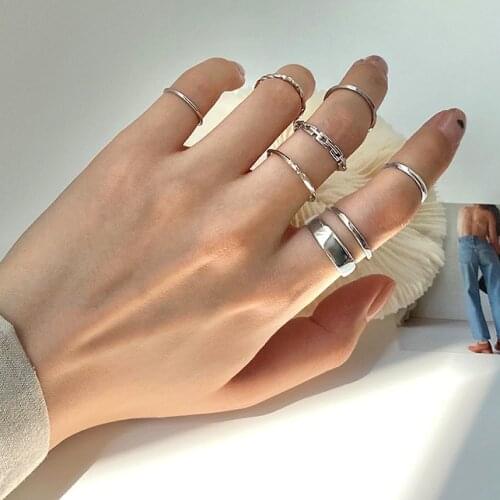 7pcs/set 2021 New Punk Minimalist Smooth Gold Silver Color Geometric Metal Chain Rings Sets for Women Party Jewelry