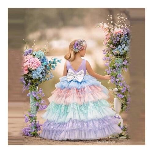 Charming Colorful Kids Tulle Dresses Hi Low Ruffles Lace Rainbow Custom Made Tiered Long Girls Birthday Dressing Gowns