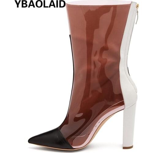 Autumn and Winter New Color Matching High-heeled Fashion Boots Fashion Pointed Transparent PVC Thick Heel Womens Short Boots