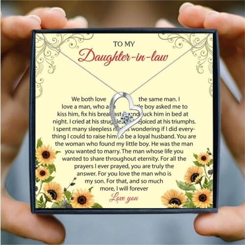 Best Wishes Card Necklace to My Daughter in Law Hollow Heart Necklaces Women Crystal Pendant Necklace Jewelry Gifts