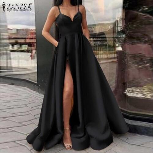 ZANZEA Sexy Stylish V Neck High Split Hem Long Dress Women Summer Party Casual Slim Solid Stain Vestidos Slip Dresses Sundress