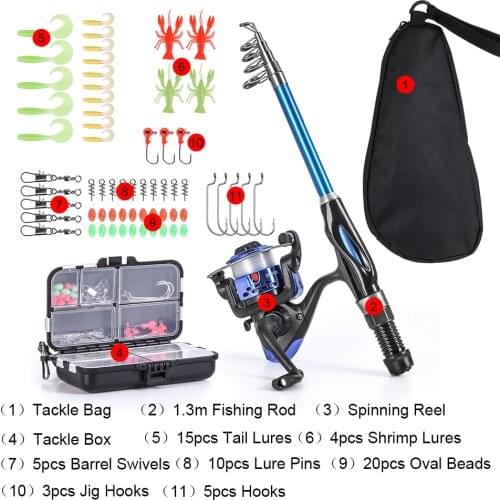 Fishing Rod Reel Combo Full Kit 1.3m Telescopic Fishing Rod Spinning Reel Set with Hooks Soft Lures Barrel Swivels Storage Bag