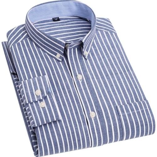 AOLIWEN Men 56% Cotton Light Blue White Oxford Striped Shirt 22 Styles Casual Anti wrinkle Office Travel Long Sleeve Slim Shirts