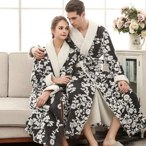 Couples Thicken Flannel Long Robe Women Kimono Bath Gown Flower Casual Nightgown Sleepwear Nightdress Sexy Robes Bathrobe Men