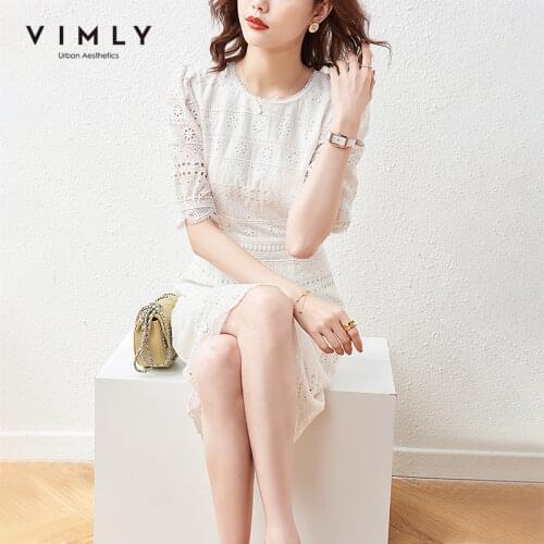 VIMLY Summer Women White Dresses Elegant Round Neck Hollow Out Vintage Dress Puff Sleeve High Waist Aline Dress Female F7070