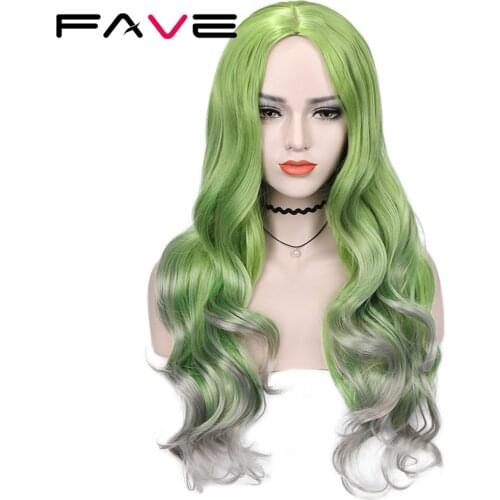 FAVE Ombre Hair Wavy Synthetic Wigs Matcha Green Gray Curly Wave Hair Middle Part Long Wavy Wig Heat Resistant Daily Party