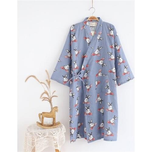 Japanese Cartoon Bath Robes Women 100% Gauze Cotton Kimono Robe Thin Casual Bathrobes Women Kawaii Nightgowns Plus Size Bathrobe