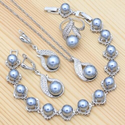 Pearl Jewelry 925 Silver Jewelry Set for Womens Party Pearl Earrings Pendant Chain Bracelet Ring Inlaid with Crystals