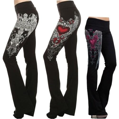 Women Fashion Elastic Waist Long Trousers Casual Print Flare Pants Plus Size Slim Stretch S-5XL Office Lady Gothic Streetwear