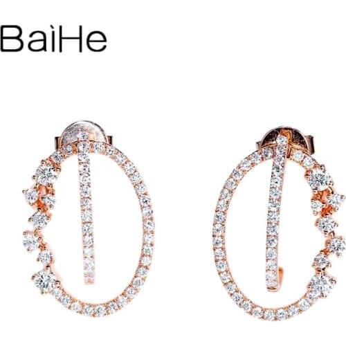 BAIHE Solid 14K White/Yellow/Rose Gold 0.60ct H/SI Round Natural Diamond delicate Oval diamond Dual-use stud earrings for Women