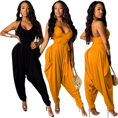 Womens Punk Spaghetti Strap Jumpsuit V Neckline Comfy Loose Harem One Piece Romper Overalls for Women Ladies Jumpsuits