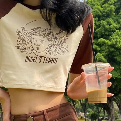 Summer 90s Fashion Patchwork angel Letter Print Crop Tops Women 2021 Y2K O-neck Short Sleeve T-shirts Streetwear Ribbed Tees