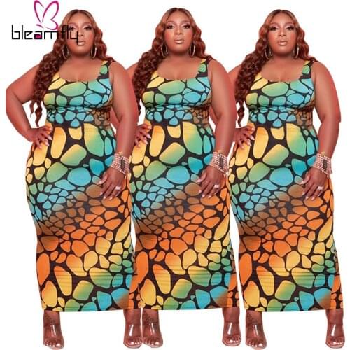 Summer Vintage Sleeveless Bodycon Skinny Sexy Dress Women Print Long Maxi Robe Femme Elegante Y2k Dresses Clothes Plus Size 4XL