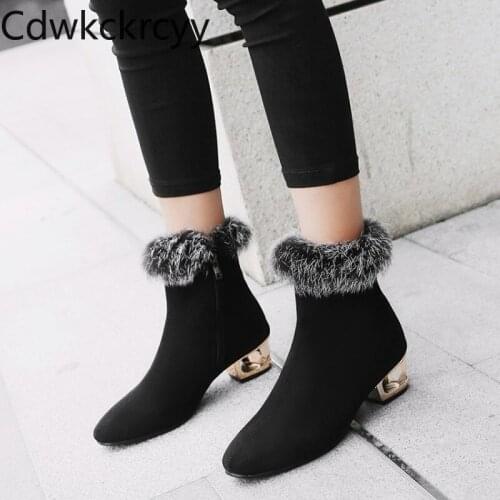 Winter The New fashion Rabbit hair Round head Thick heel Martin boots black Suede Plus velvet Keep warm High heel Women boots