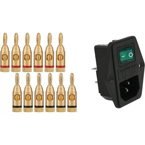 1x AC 10A 250V IEC320 C14 Inlet Module with Neon Lamp Rocker Switch & 12x Gold-Plated Banana Plug or Connector