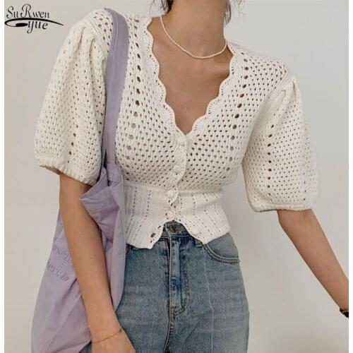 2021 New Short Sleeve Button Loose Shirt Solid Female Knitted Top Korean Hollow Out White Women Shirt Summer Blouse Women 15034
