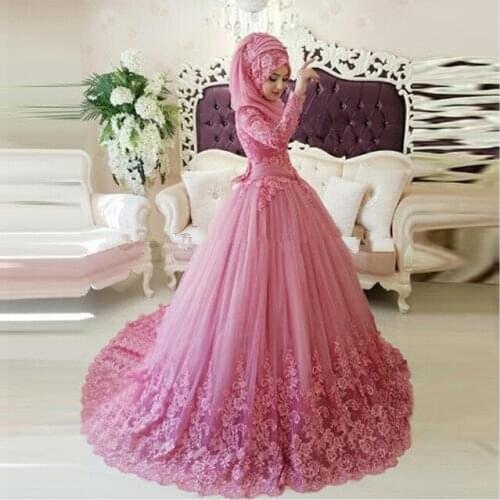 Arabic Muslim Long Sleeve Wedding Gown 2018 Turkish Gelinlik Lace Applique Hot Pink Islamic Bridal Mother of the Bride Dresses