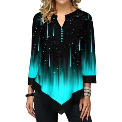 Gradient 3D Print Oversize Women Blouse Loose Three Quarter Casual V-Neck Button Plus Size 5XL Tops Autumn Fashion Female Shirt