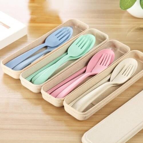 Travel Wheat Straw Tableware Cutlery Portable Reusable 3 Pcs Fork Set FBE2