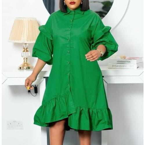 Elegant Irregular Shirt Dress 2021 VONDA Women Vintage Lapel Neck Party Ruffled Dress Female Vestido Oversized Robe Femme