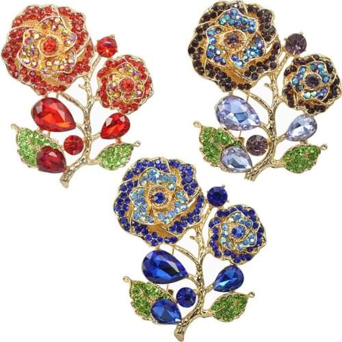 Collection Full Australian crystal Bloomed Rose flower Brooch Pin with Green Leaves plant lapel pin brooches