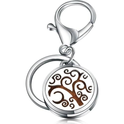 Round Fashion Life Tree Perfume KeyChain Stainless Steel Essential Oil Diffuser Perfume Aromatherapy Locket Key Chain Jewelry