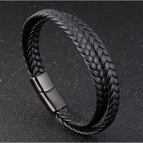 LAMEMDEE Stainless Steel Charm Magnetic Black Men Bracelet Leather Genuine Braided Multi-layer Punk Rock Bangles Jewelry Gift