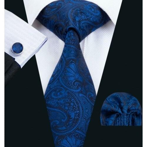 LS-1435 Barry.Wang Fashion Men`s Tie 100% Blue Paisley Silk Necktie Hanky Cufflink Set For Men`s Wedding Party Groom Business