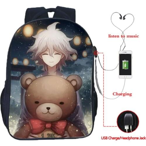 Men Women Boys Girls Danganronpa Backpack USB Charging Double Pocket School Backpack Fashion Laptop Backpack Teens Backpacks
