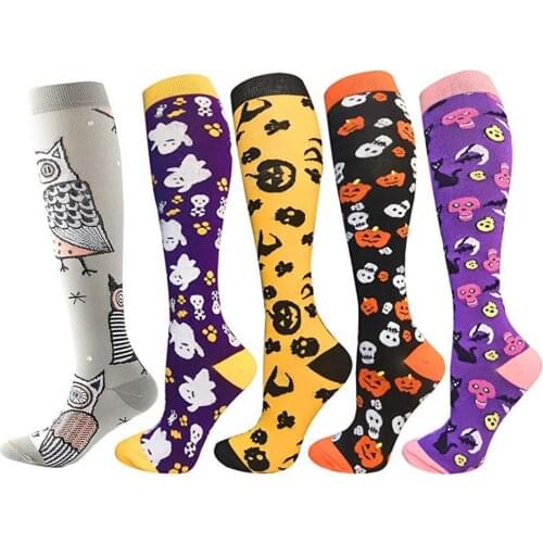 Women Men Halloween Compression Long Knee High Socks Skeleton Bats ghosts spiders Print Circulation Nursing Relief Fatigue