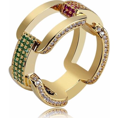 New Exquisite Cuban Link CZ Ring for Men Women Colored Cubic Zirconia Bling Iced Out Hip Hop Rapper Ring Lovers Fashion Jewelry