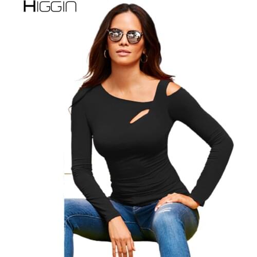 Autumn Women Cold Shoulder T-Shirts Solid Sexy T-Shirt Plus Size Hollow Long-Sleeve Tee Tops Female Casual Slim Pullover T-Shirt