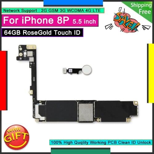 Unlocked Motherboard Pink Home Button For IPhone 8P 8 PLUS 64GB RoseGold Touch ID Good Working Mainboard Original Logic Board