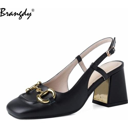 Brangdy Sandals Women Summer 2021 Retro Closed Square Toe Sandals Woman Cow Leather Mules Shoes Buckle Strap LadyShoes
