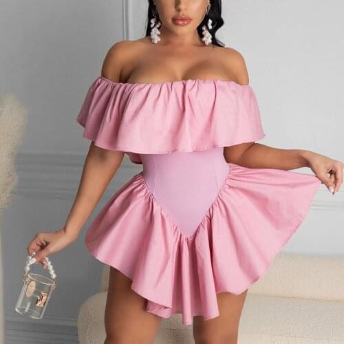 Sexy Bodycon Playsuits Women Slash Neck Ruffles Mini Length Off The Shoulder Elegant Evening Night Party Club Wear Clothes New