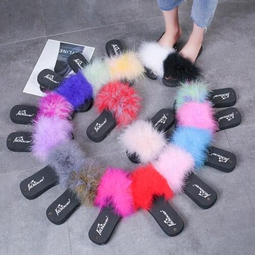 2020 ostrich hair Slippers women flip flops Fur Home Fluffy Sliders Plush Furry Summer Flats Sweet Ladies Shoes Cute Pantufas b1