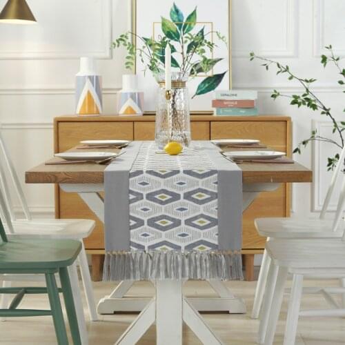 Modern light grey grid cotton and linen table runner high quality dining table TV cabinet tassels table flag printed bed flag