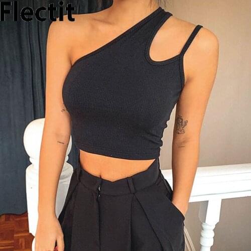 Flectit Womens One Shoulder Cut Out Tank Tops Cotton O-Neck Skinny Fit Sleeveless Asymmetric Crop Top Outfit
