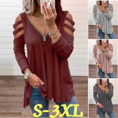 Long Sleeve Tops Ladies Zipper Solid Color Shoulder Strap Tops Casual V-neck Regular Sleeve Tops Ladies Loose Cotton Fashion Top