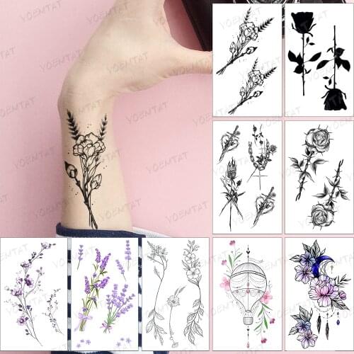 Waterproof Temporary Tattoo Sticker Black Linear Rose Peony Lavender Flower Tattoo Arm Art Tatoo Woman Man Child Flash Tatto