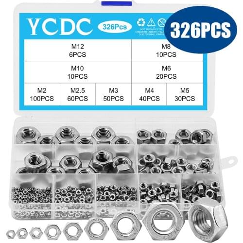 YCDC 326Pcs Hex Nuts Hexagon Nut M2 M2.5 M3 M4 M5 M6 M8 M10 M12 Hex Nut Stainless Steel 304 Hexagon Nuts Assortment Kit