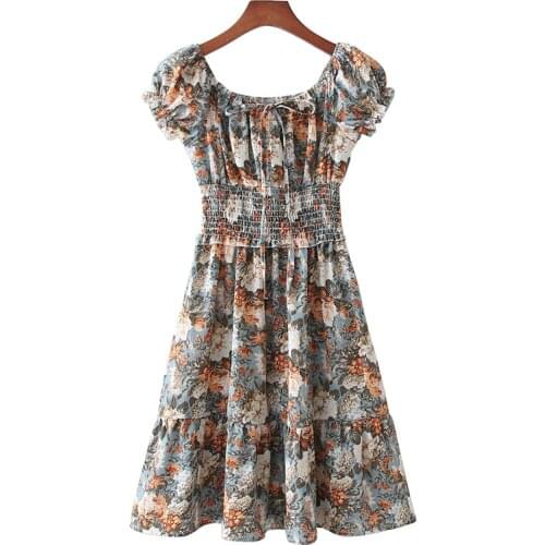 YENKYE Vintage Floral Print Sexy Off Shoulder Dress Women Elastic Waist A Line Short Vestido Summer Holiday Casual Robe