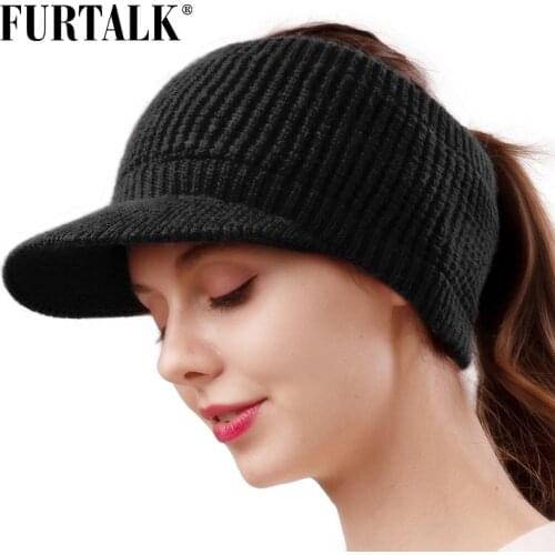 FURTALK Winter Hat Women Knitted Baseball Cap with Velvet Fleece Winter Sports Hat Messy High Bun Ponytail Visor Cap for Ladies