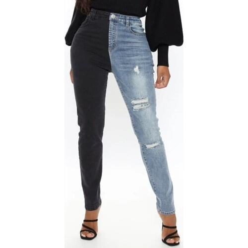 Hole High Waist Blue Patchwork Casual Jeans Women 2021 Spring New Sexy Ripped Stretch Skinny Streetwear Lady Denim Pencil Pants