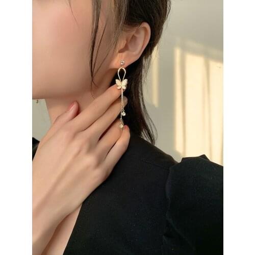 Korean Fashion 8.3 cm Long Thread Line Dangle Elegant Earrings White Enamel Butterfly Drop Earrings For Women lady Wedding