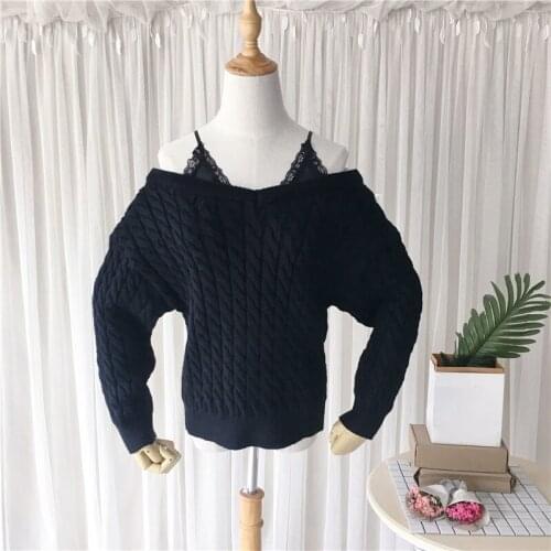 Women Fake Two Piece Sweater Black Lace Sling Off shoulder Twisted Pullover 2021 New Winter Trendy Fashion Knitwear