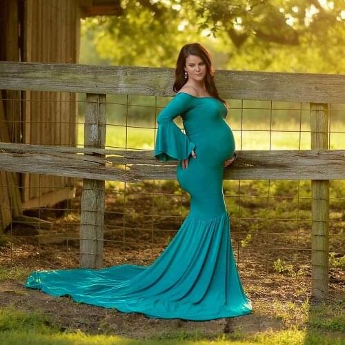 Women Pregnants Sexy Photography Props Off Shoulders Flare Sleeve Long Dress vestido verano mujer robe grossesse shooting vestid