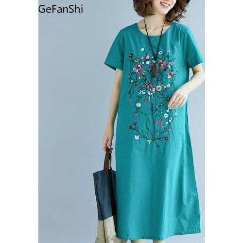 New Summer Womens Dress Embroidery Floral Vintage Casual Loose Fashion Cotton Linen Short Sleeve Elegant Ladies Dresses
