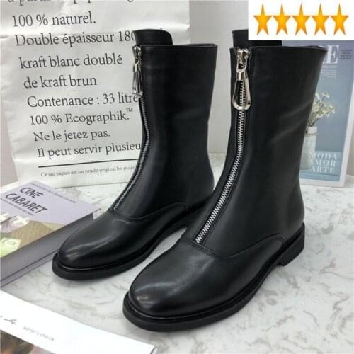 Winter Brand Fashion Casual Shoes Warm Fleece Women Genuine Leather Zipper Flat Personality Korean Female Motorcycle Boots