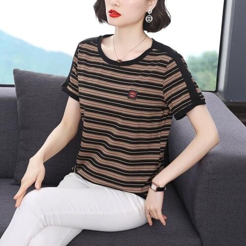 2021 Cotton Black White Striped Patchwork T-Shirts Women Summer Female Plus Size Tshirts Short Sleeve Casual O-Neck Ladies Tops